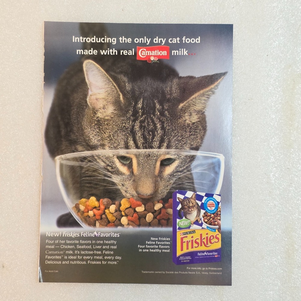 Vintage Print Ad Friskies Feline Favorites food gray tabby cat 8x10.5 2004